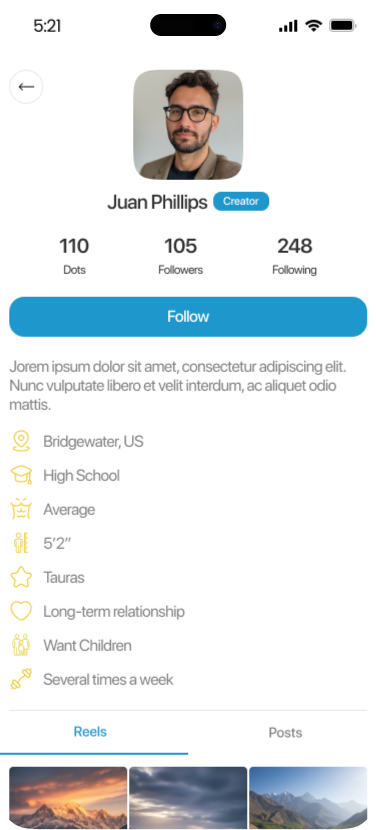 A creator profile in Dots with followers and Dots count